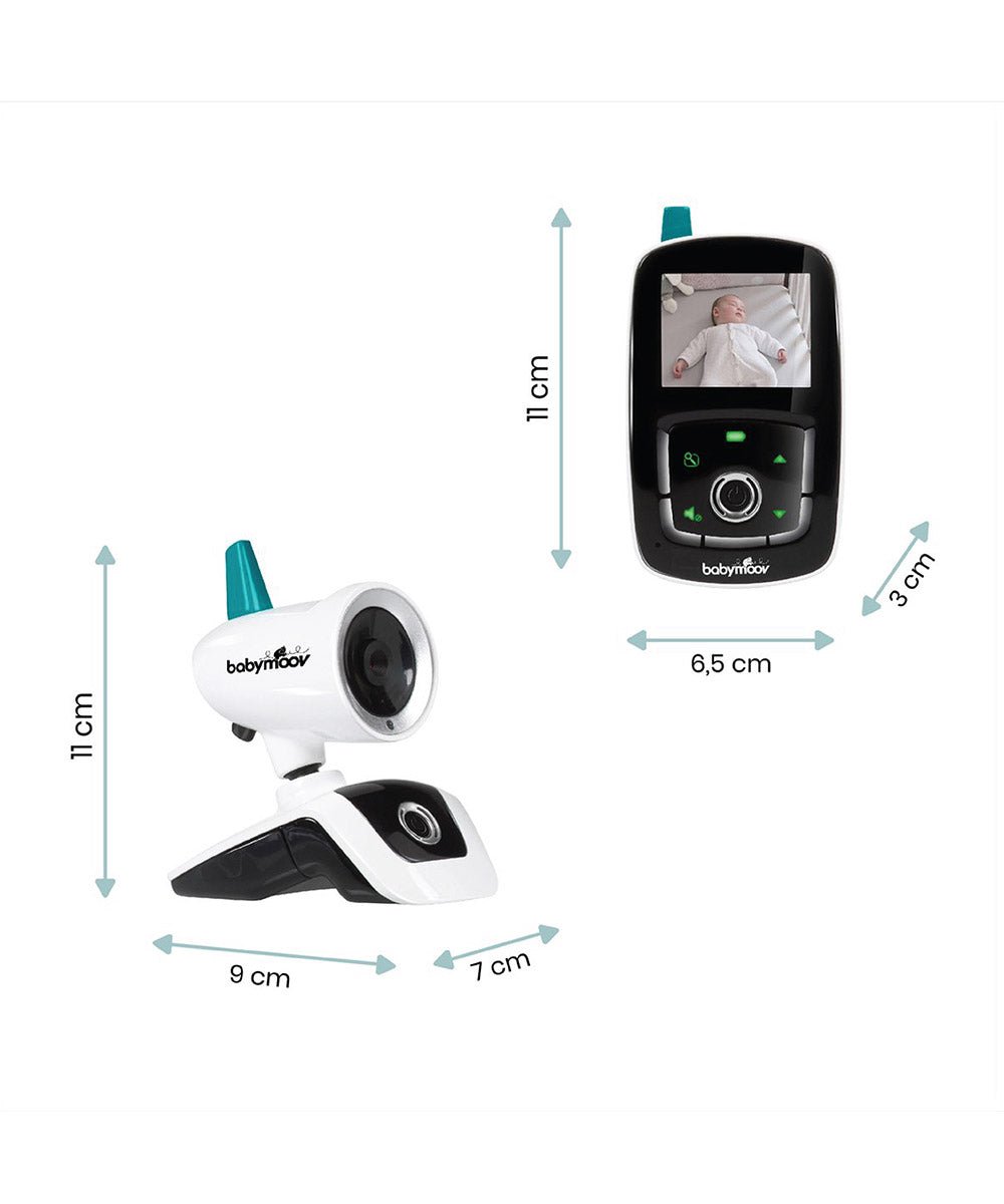 Video baby monitor camera and parent unit with size dimensions shown