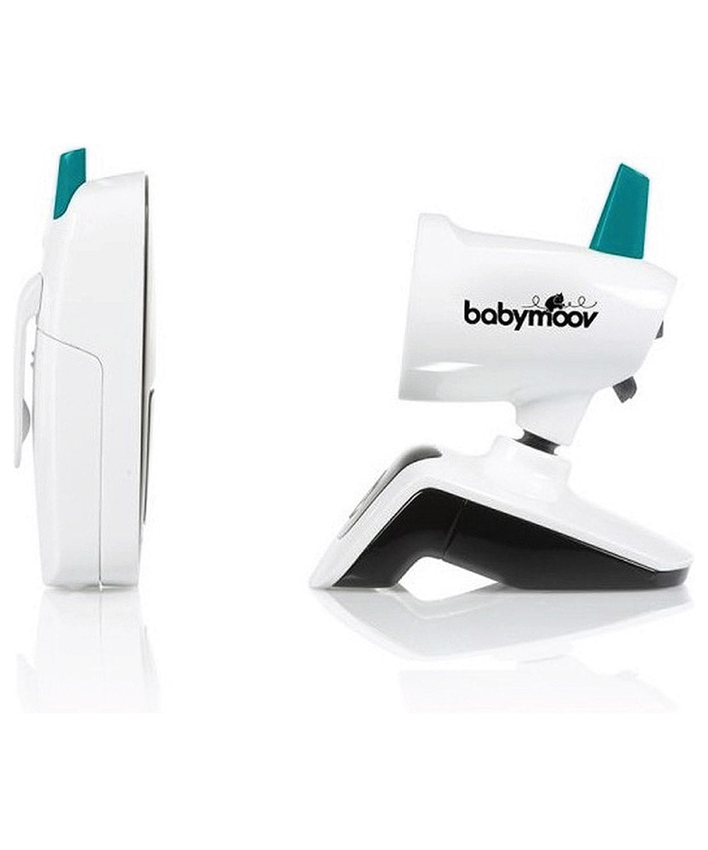 White baby monitor camera unit with teal accent and front-facing view
