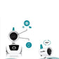Video baby monitor showing camera and parent unit with range and indicator icons