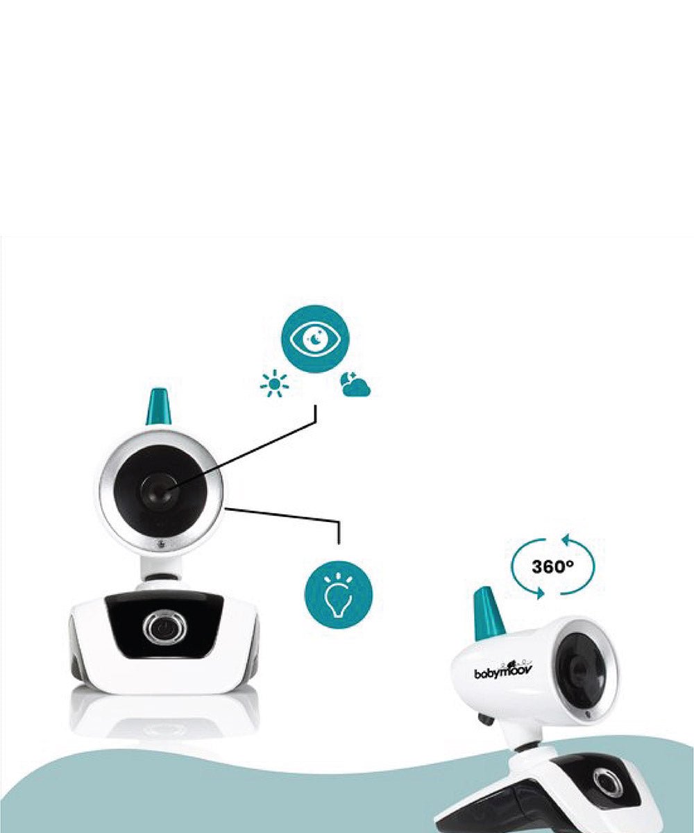 Video baby monitor showing camera and parent unit with range and indicator icons