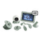 Portable baby monitor kit with green screen, white camera, and charging/clip accessories