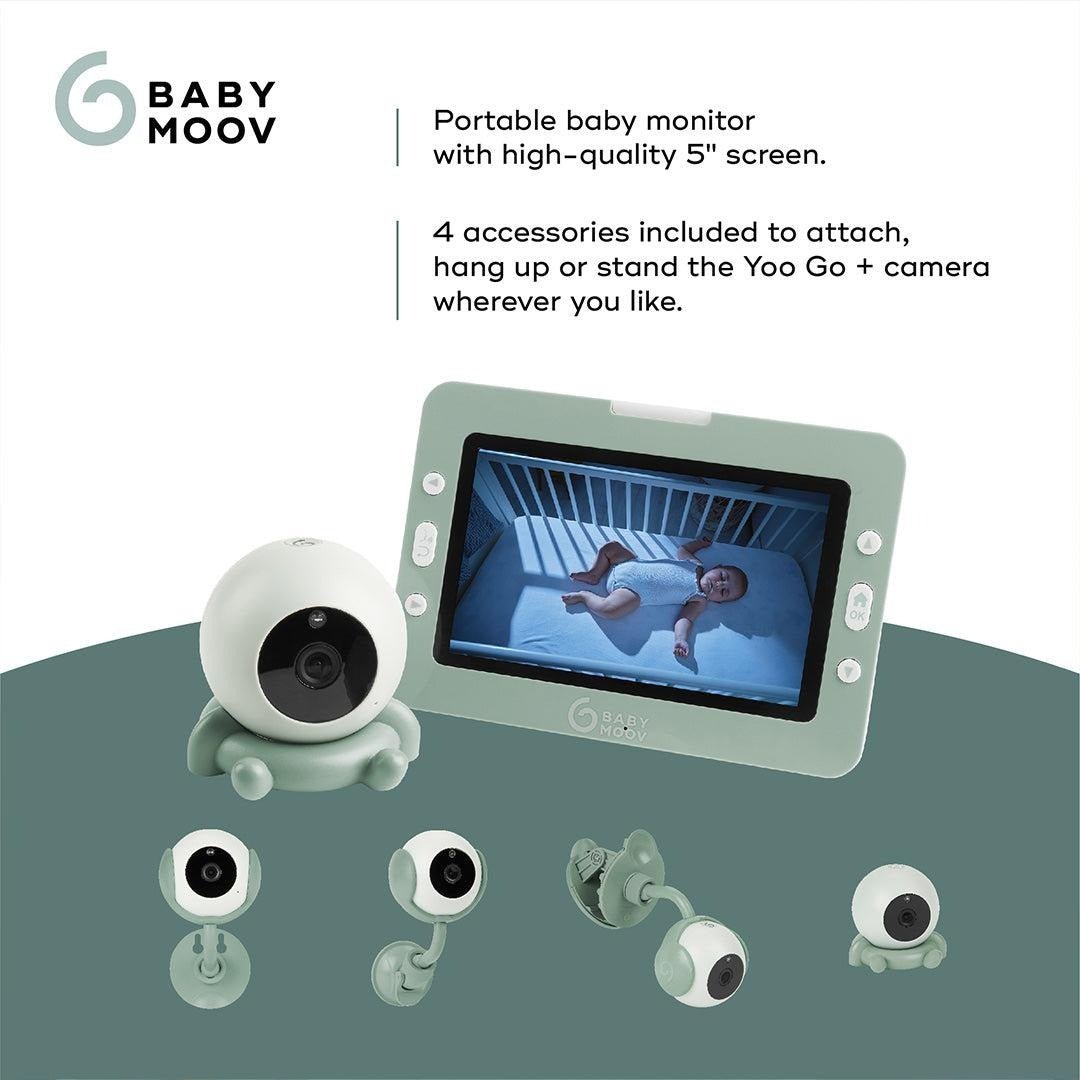 Portable baby monitor with green 5-inch screen and white camera, plus accessory mounts