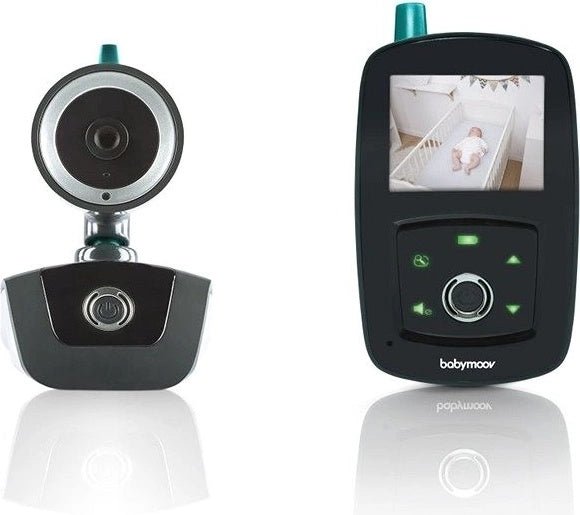 Black baby monitor with teal antenna, front screen and control buttons