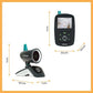 Baby monitor kit showing handheld unit and camera with teal antenna, size diagram