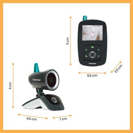 Baby monitor kit showing handheld unit and camera with teal antenna, size diagram