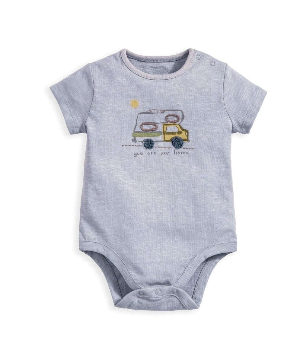 Light blue short-sleeve baby bodysuit, crew neck, snap leg openings, front graphic.