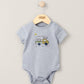Light blue short-sleeve baby bodysuit with crew neck and front farm graphic.