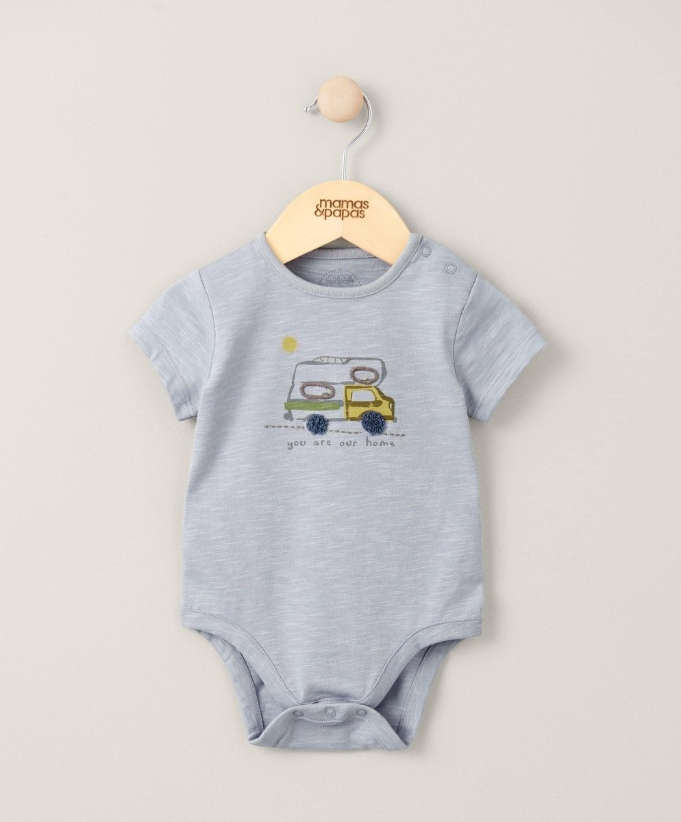 Light blue short-sleeve baby bodysuit with crew neck and front farm graphic.
