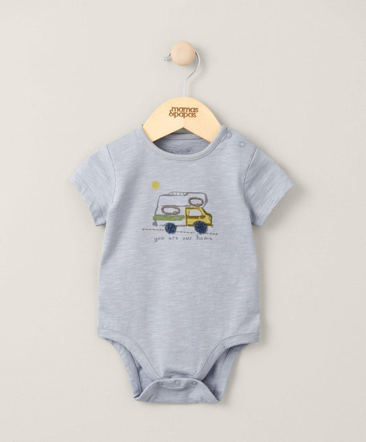 Light blue short-sleeve baby bodysuit with crew neck and front farm graphic.