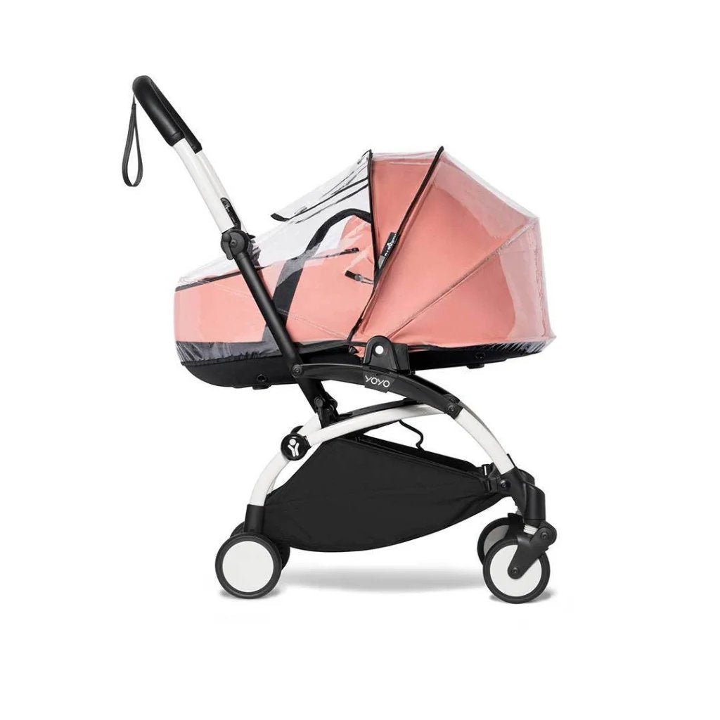 Stroller rain cover with clear pink canopy and black support, Yoyo® label