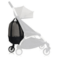 Stroller bag hanging on a white stroller, grey body with black base panel