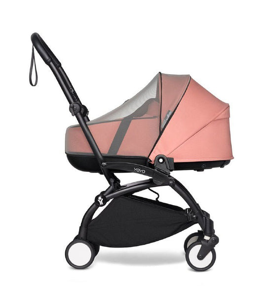 Yoyo bassinet mosquito net stroller with pink bassinet and black frame, canopy and wheels