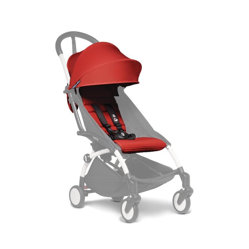 Red and gray baby stroller with canopy and 4 wheels