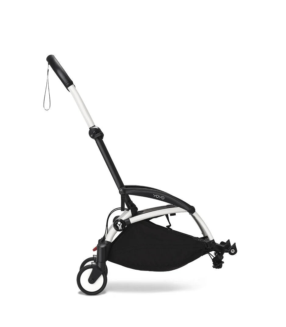 Black stroller frame with canopy, black seat, and front swivel wheels