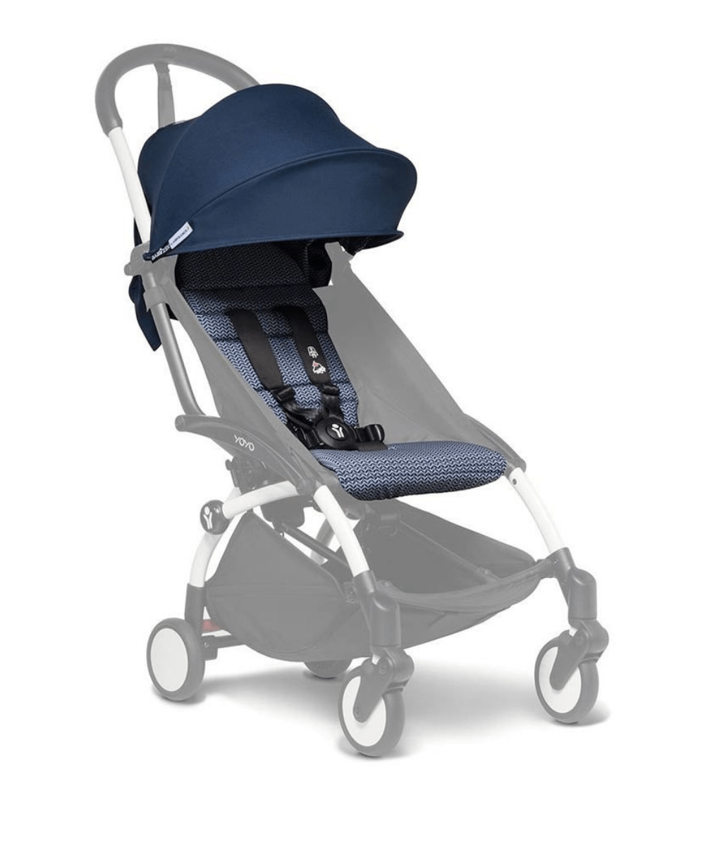 Navy stroller with canopy and padded seat, dark mesh footrest, gray frame and wheels