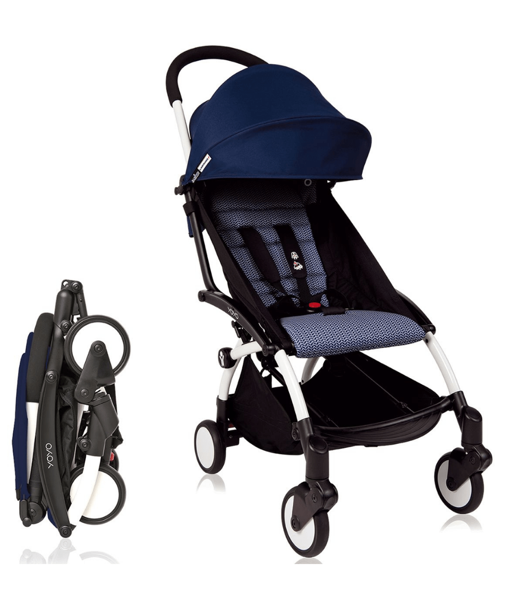 Navy stroller with canopy and mesh seat, black-and-white frame, front wheels