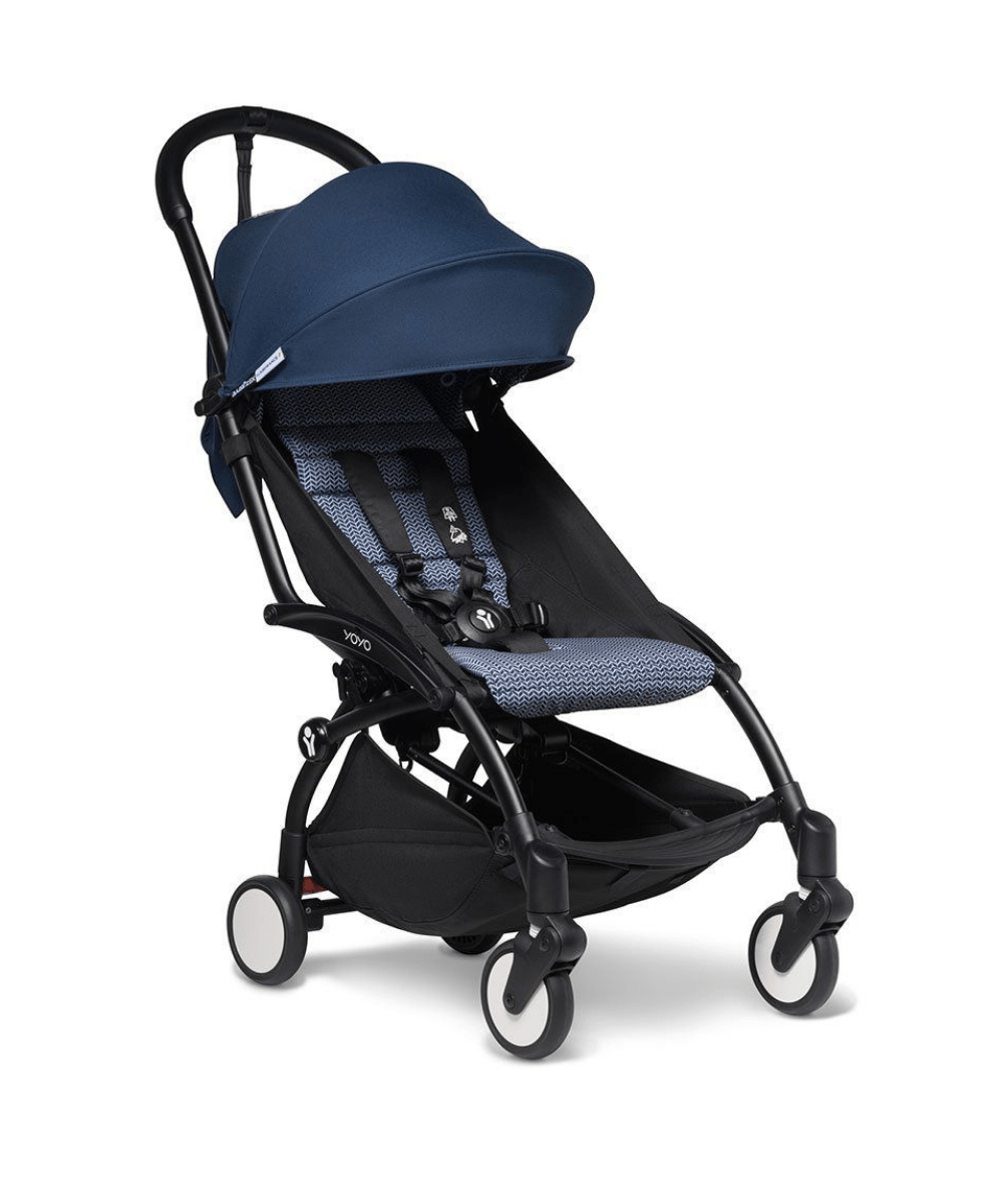 Blue stroller with hood, dark mesh seat and footrest, black frame and wheels