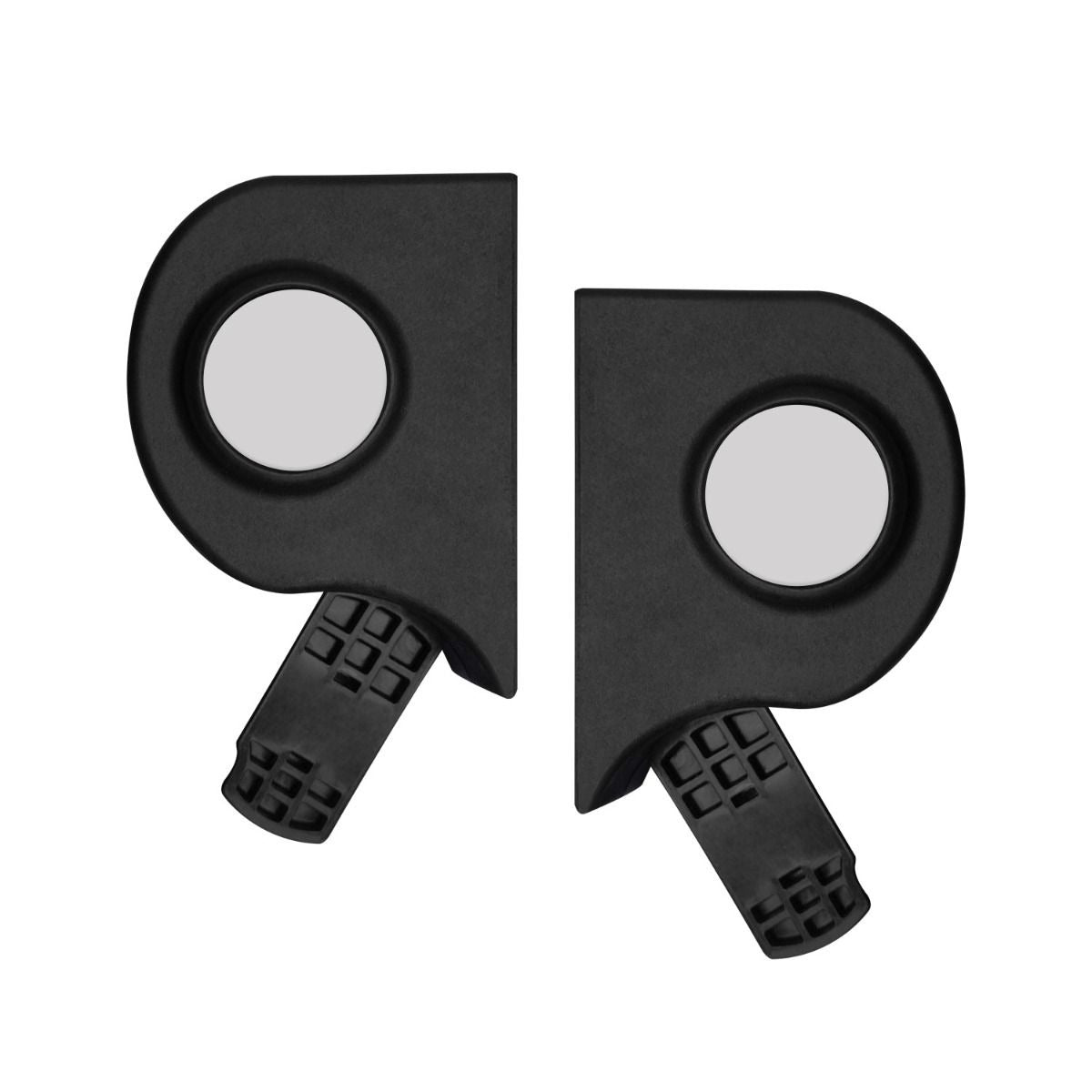 Black plastic car seat adapter pieces with round openings and locking tabs