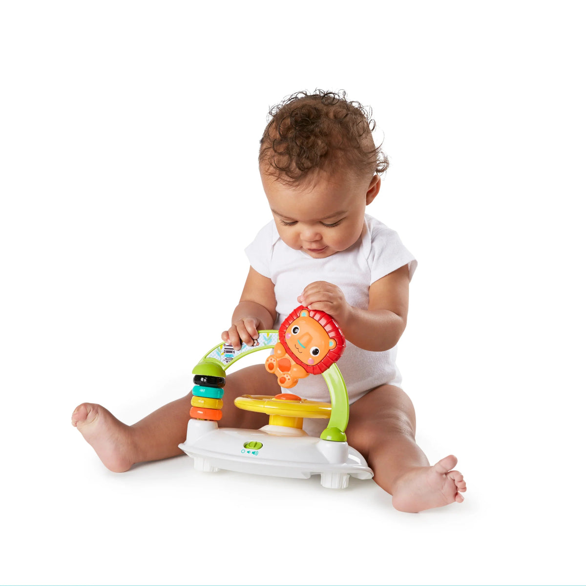 Baby activity walker with colorful toy panel and activity ring on base