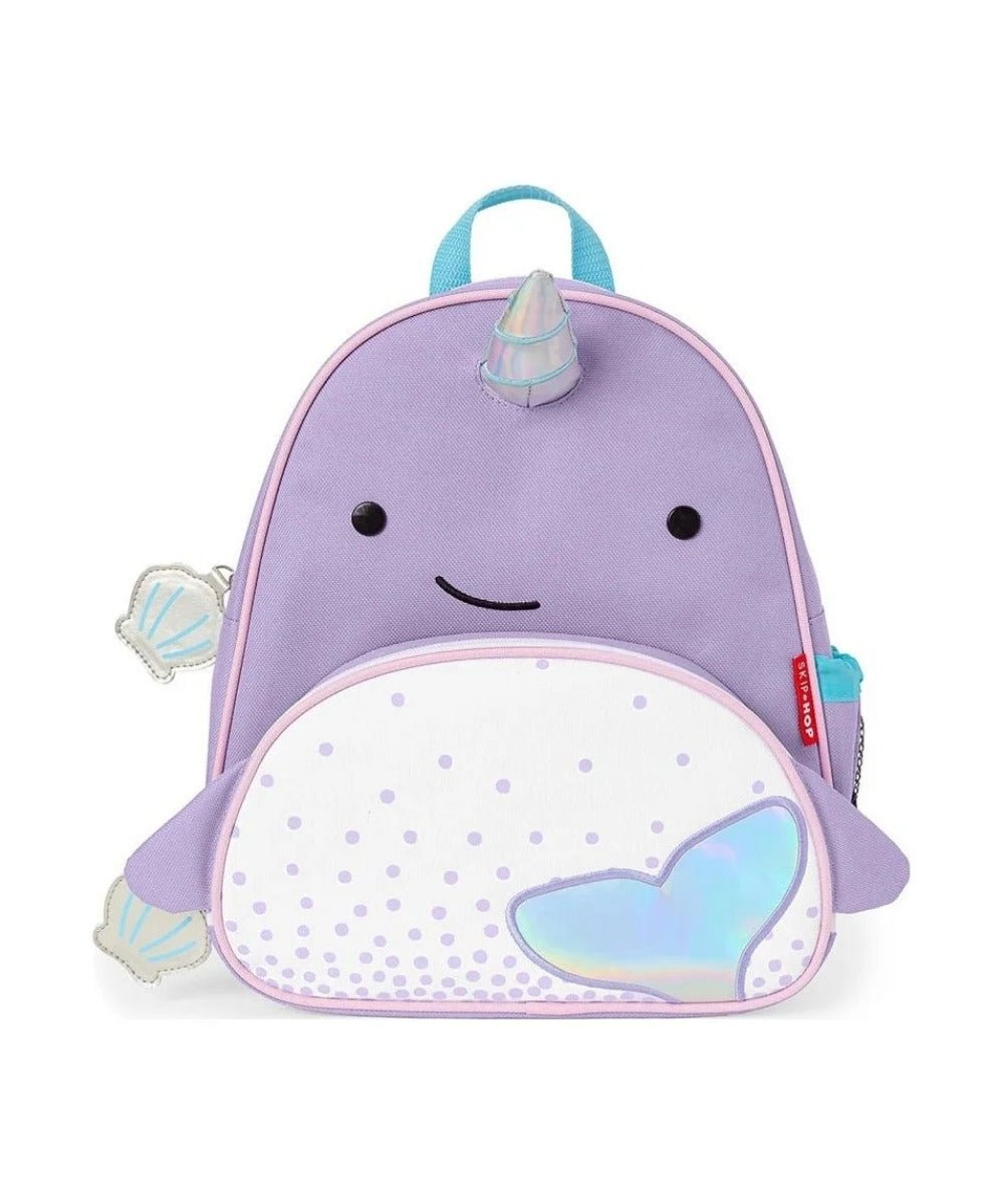 Kids narwhal backpack, purple with horn, smile face, white dotted front pocket