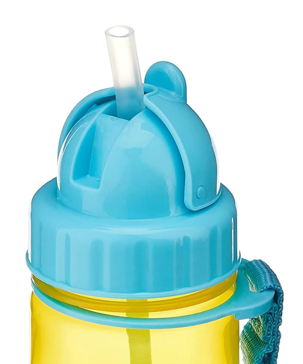 Blue bottle lid with drinking straw, yellow base and side carry loop