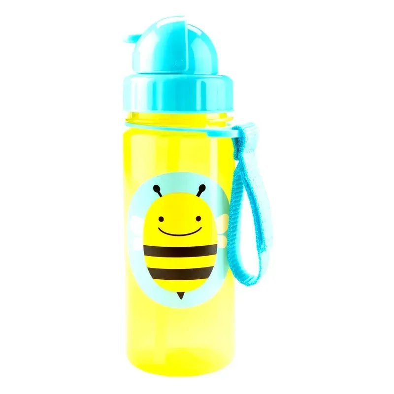 Yellow kids straw bottle with blue flip lid, bee graphic and carry loop