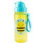 Yellow translucent straw bottle with blue lid, bee face decal and tassel handle