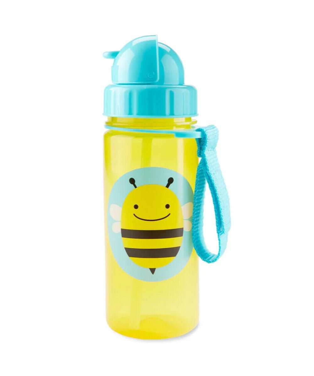 Yellow translucent straw bottle with blue lid, bee face decal and tassel handle