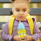 Kids yellow straw bottle with bee graphic, blue flip lid and drinking straw