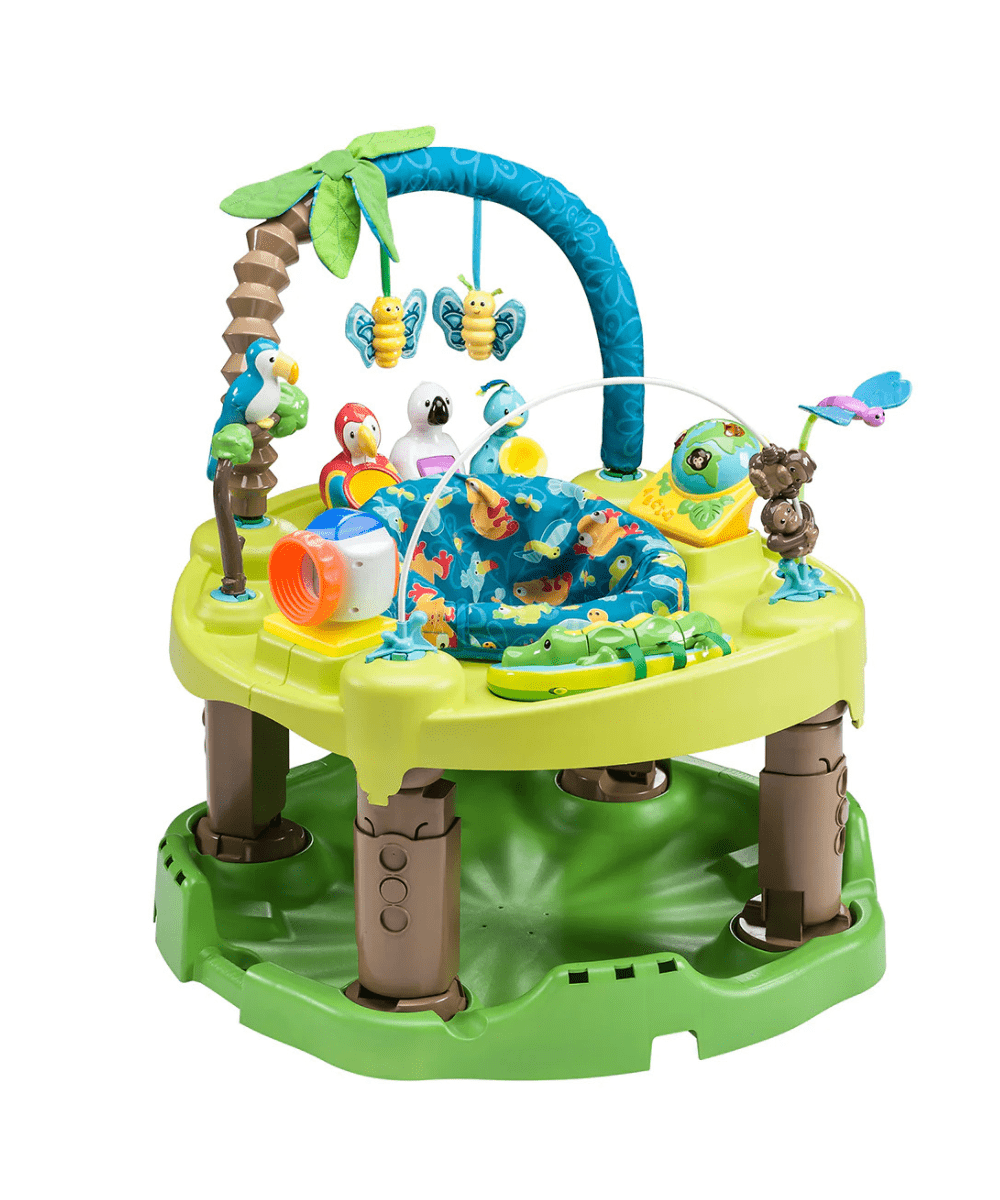 Green bouncing activity saucer with blue arch and hanging animal toys
