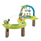Green bouncing activity saucer with animal toys on play tray and blue arch