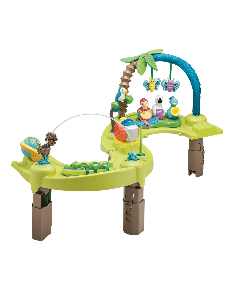 Green bouncing activity saucer with animal toys on play tray and blue arch