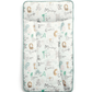 Changing mattress pad with animal alphabet pattern, light blue border, pale background.