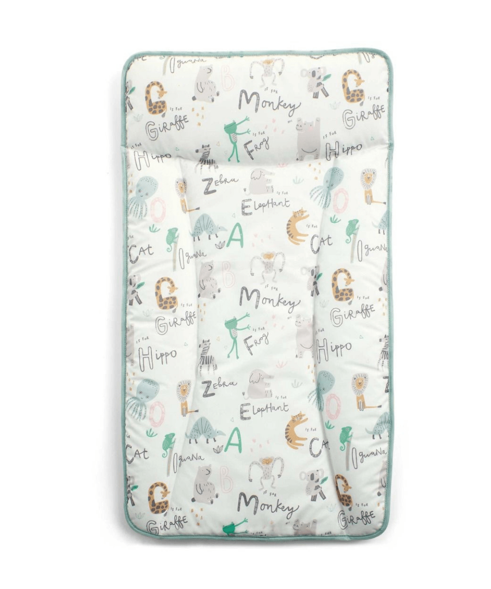 Changing mattress pad with animal alphabet pattern, light blue border, pale background.