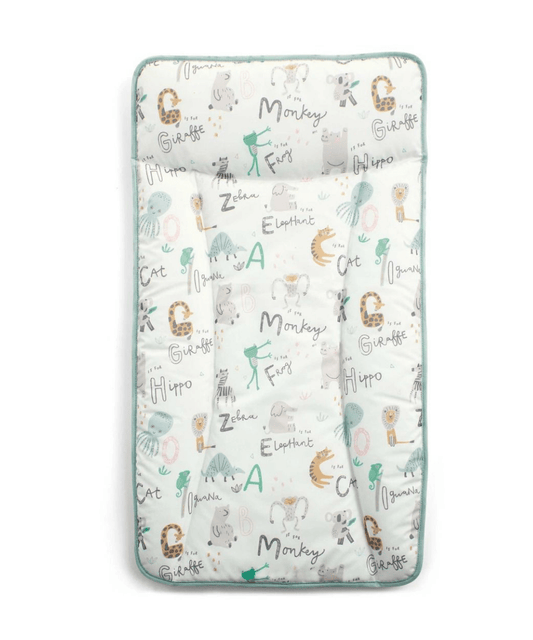 Changing mattress pad with animal alphabet pattern, light blue border, pale background.