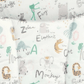 Changing mattress pad fabric with animal alphabet letters and icons, pale light-blue.