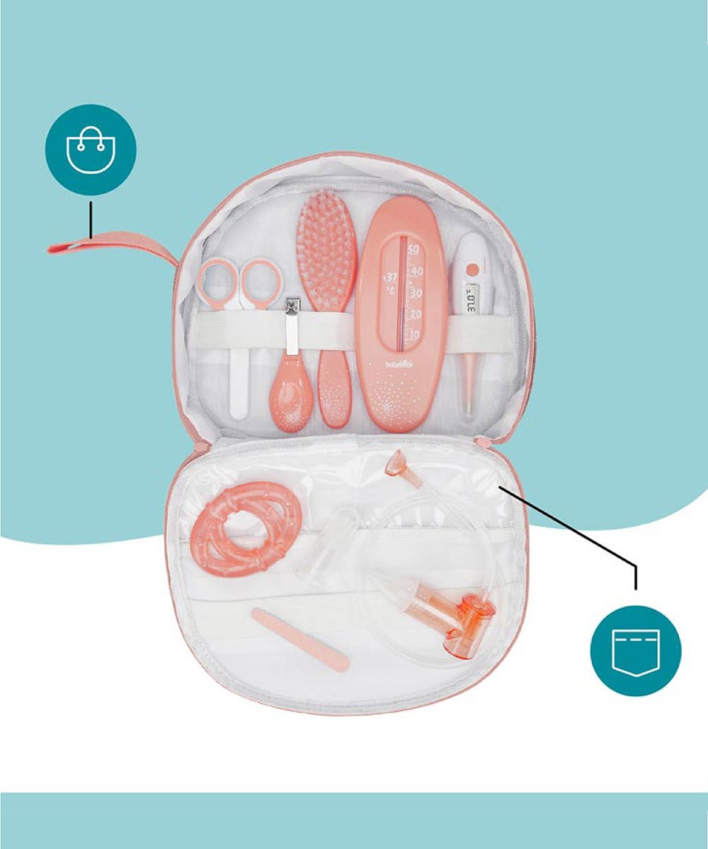 Open baby care kit pouch with pink grooming tools neatly stored inside