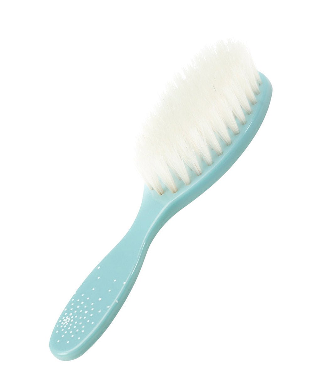 Teal baby hair brush with soft white bristles and contoured handle