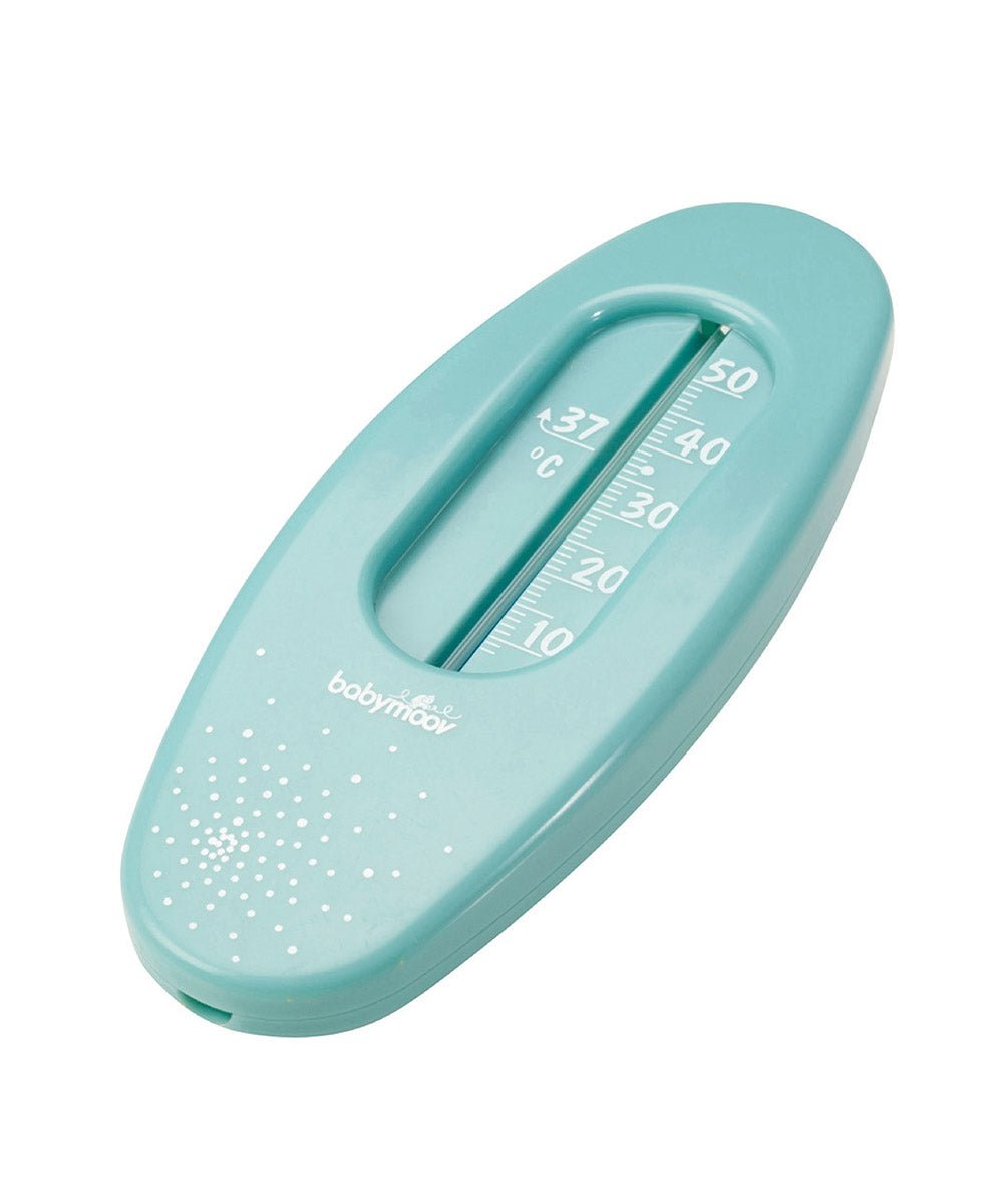 Blue baby bath thermometer with temperature scale in oval case