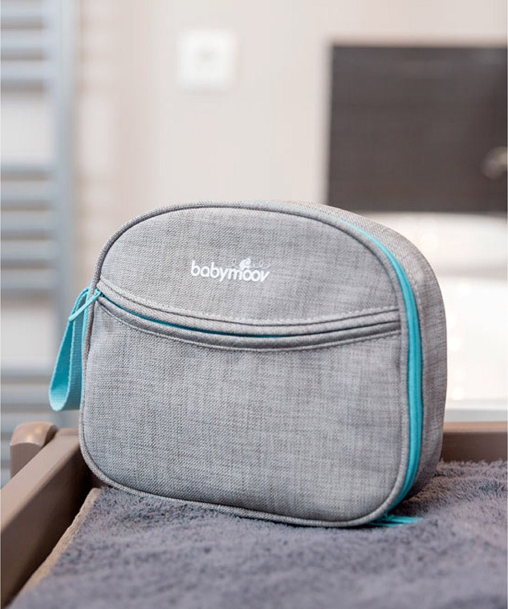 Gray baby care zip pouch with teal trim and carry loop, front view