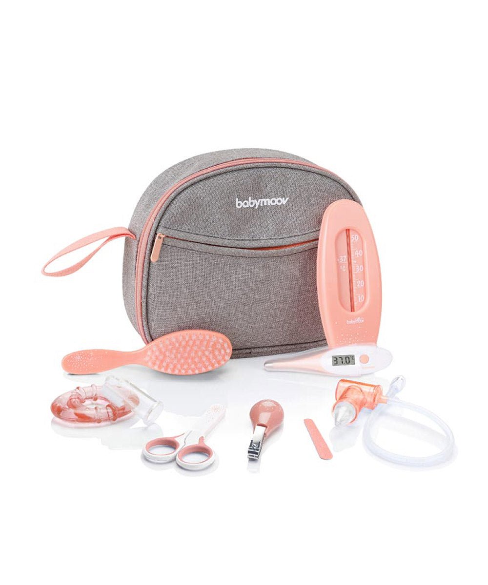 Baby care kit zip pouch set with pink tools and gray pouch with carry loop