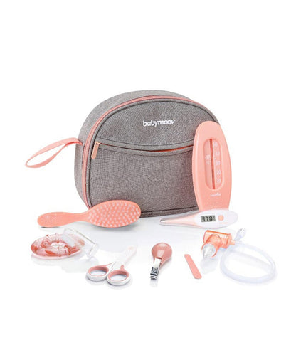 Baby care kit zip pouch set with pink tools and gray pouch with carry loop