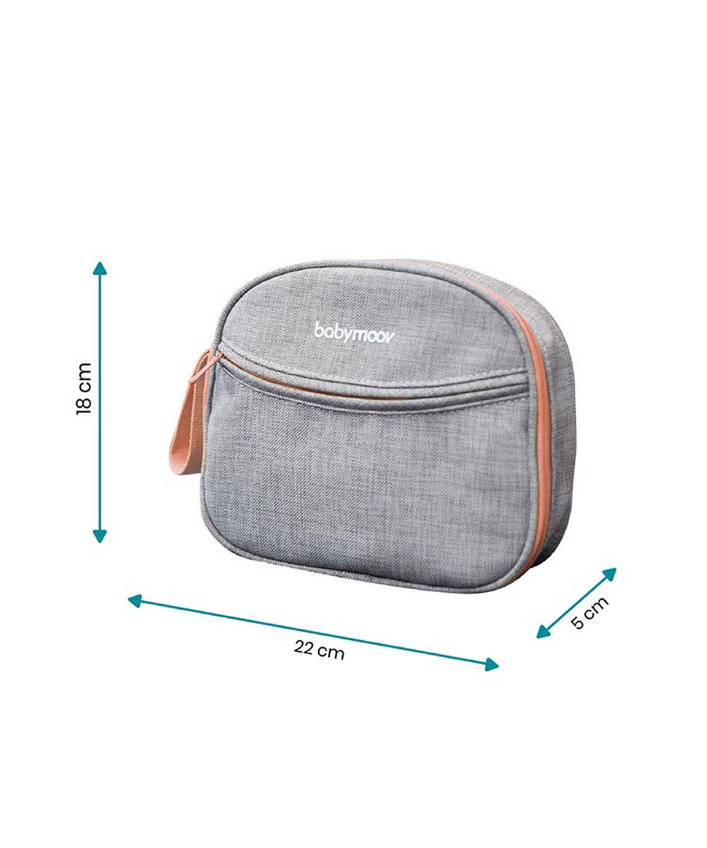 Gray baby care zip pouch measuring 22 cm wide, 18 cm high, 5 cm deep