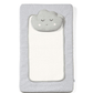 Gray changing mattress with cloud-shaped plush applique and rounded border.