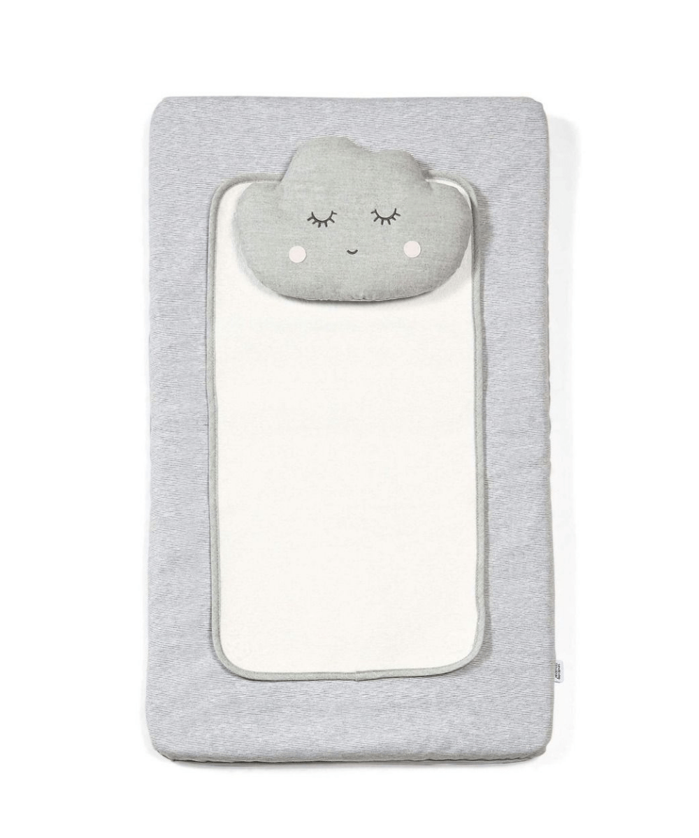 Gray changing mattress with cloud-shaped plush applique and rounded border.