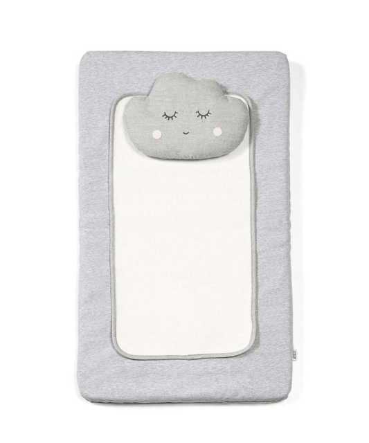 Gray changing mattress with cloud-shaped plush applique and rounded border.