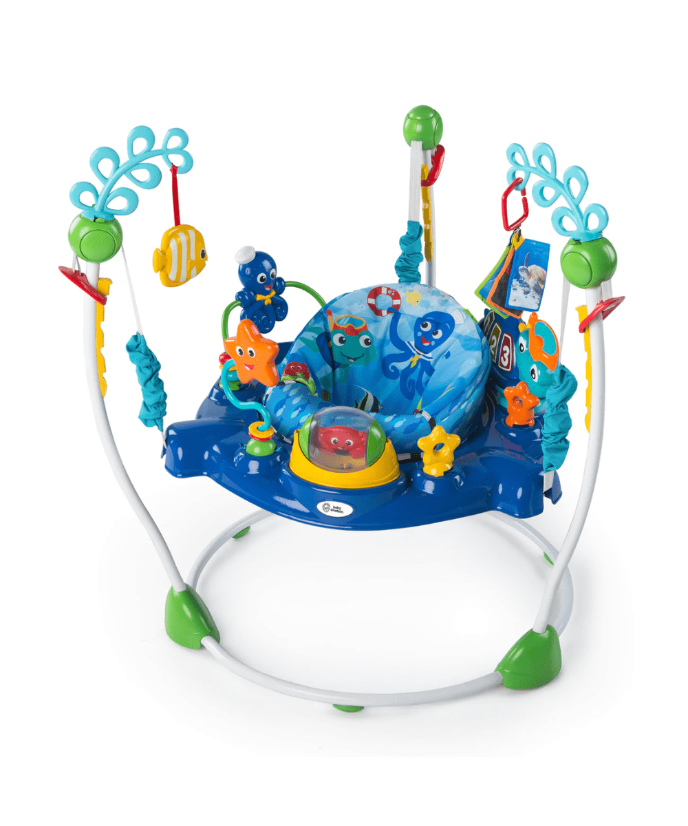 Neptune’s Ocean jumper with blue seat, sea animal toys, and overhead play arches