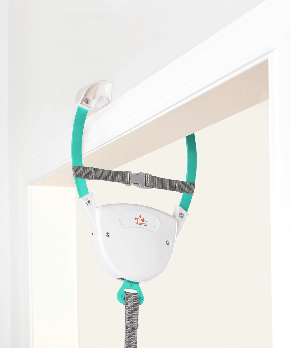 Door jumper door mount with white base and teal strap plus gray safety harness
