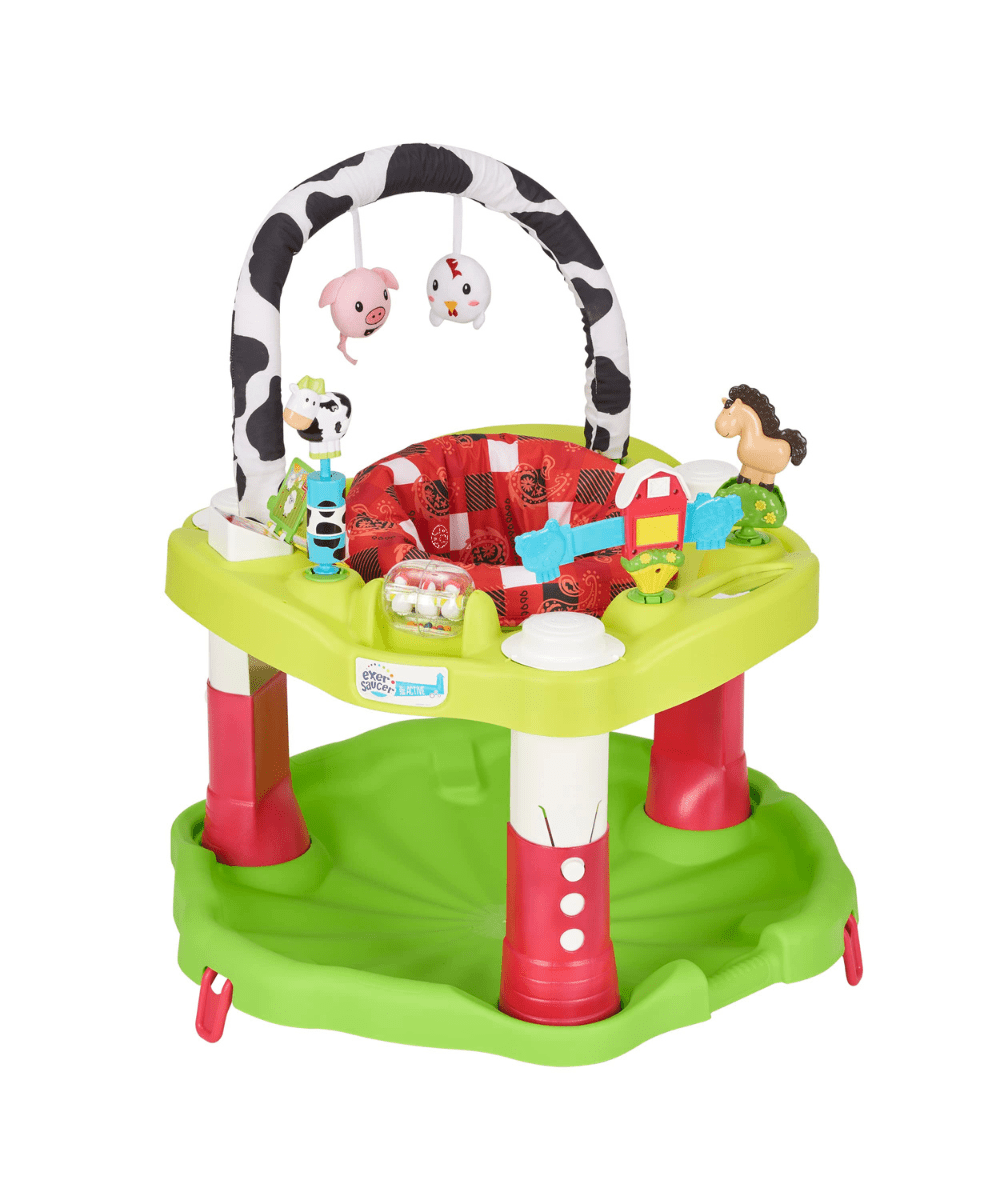 Bouncing activity saucer with lime base and farm-themed overhead arch