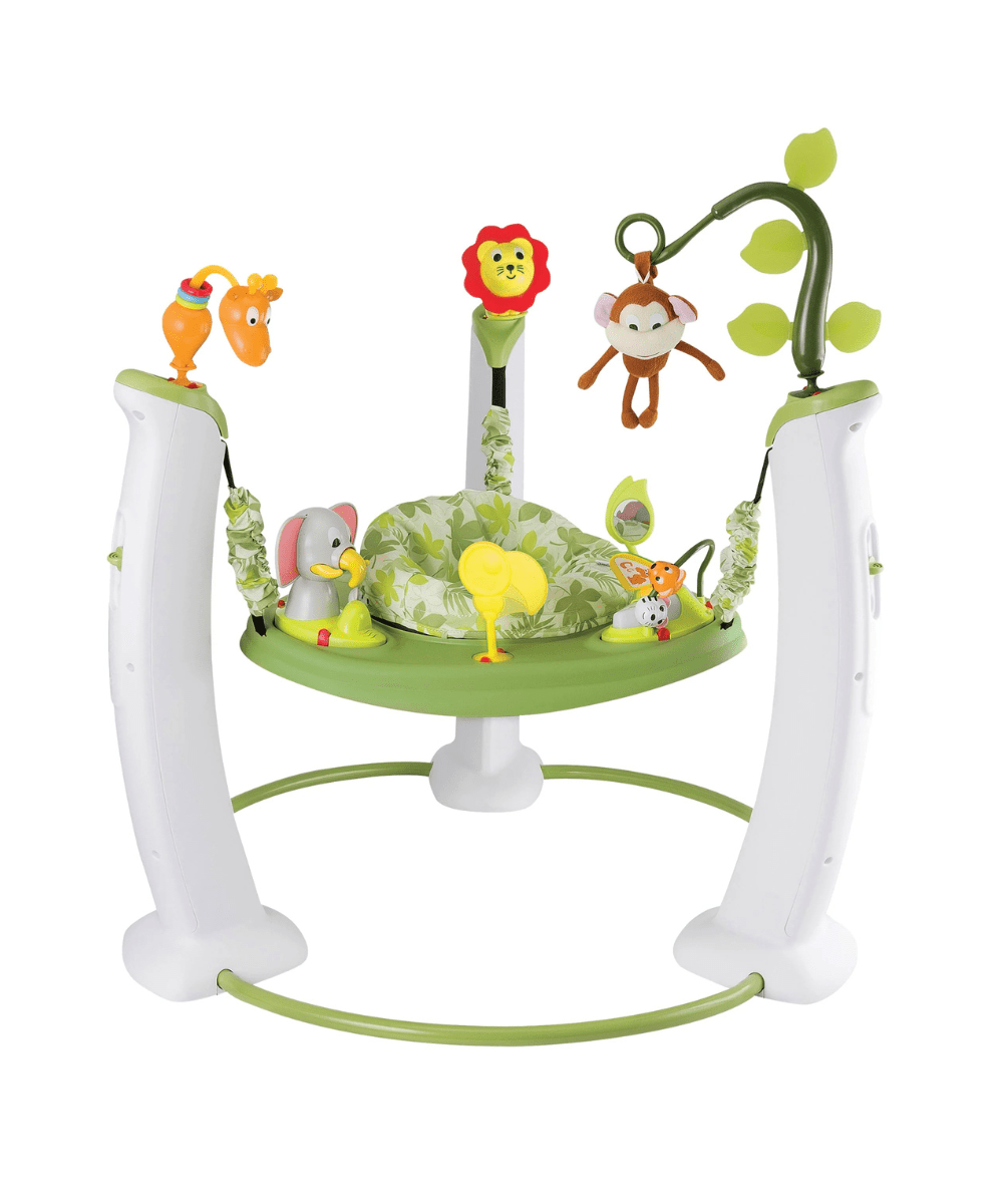 Safari friends activity center with round base, three animal toys, and hanging arch